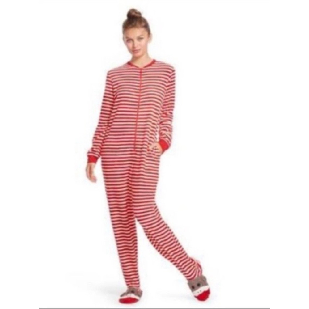 Nick & Nora Red White Stripe Monkey Face Fleece Pajamas Sleepwear One Piece M